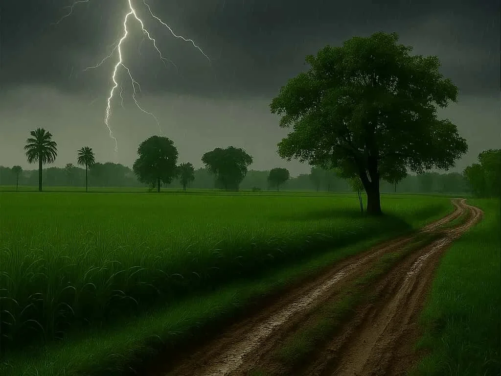 A picture depicting lush green fields with thunderstorm in monsoon