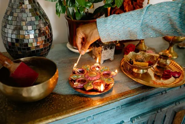 A traditional puja thali with flowers and offerings, prepared for a ceremony on one of the auspicious Dashmi dates in 2025.