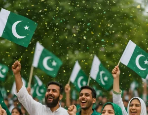 People in green and white clothes waving Pakistan flags and celebrating Independence Day outdoors with confetti.