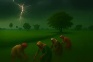 A beautiful weather image in monsoon with farmers in fields