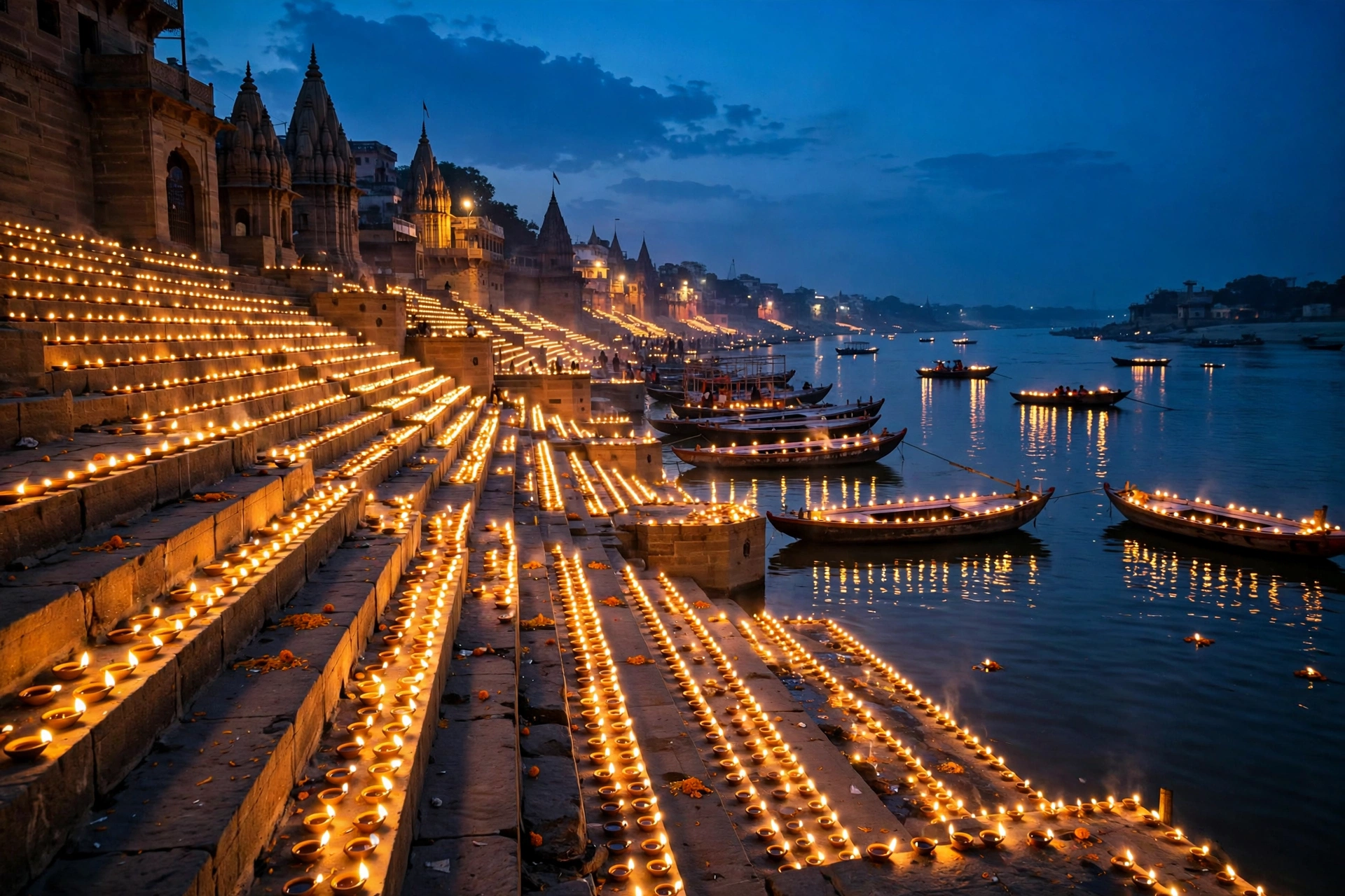 Varanasi ghats lit with thousands of diyas on the Ganga at dusk during Dev Deepawali